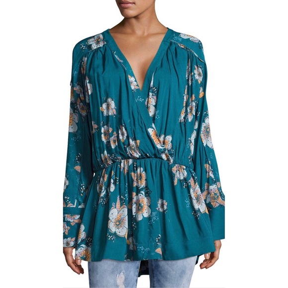 Free People Tops - Free People teal floral Surplice blouse sz XS